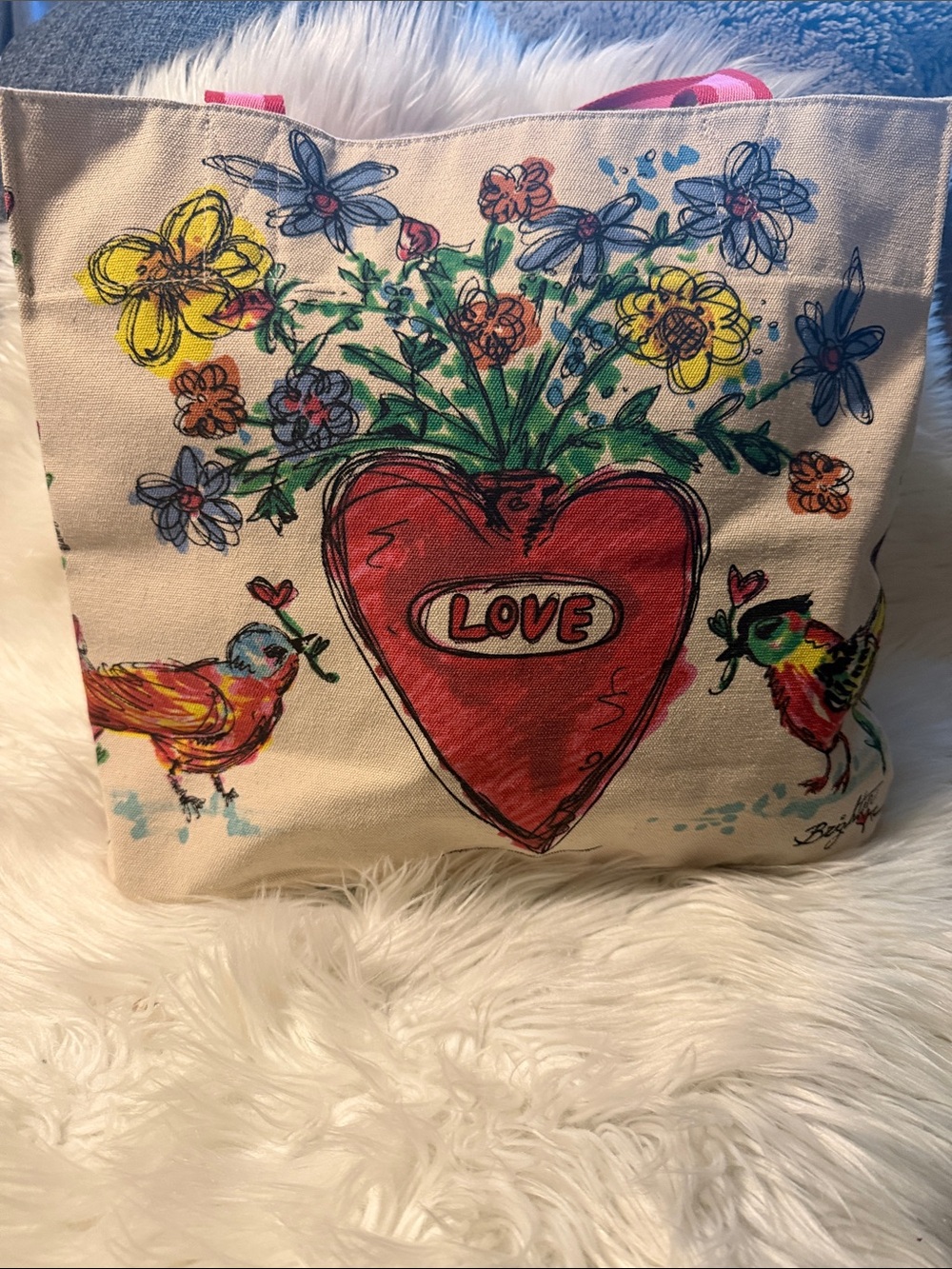 Brighton Love Tweet Canvas Tote Bag Hand Sketched Heart & Birds Floral